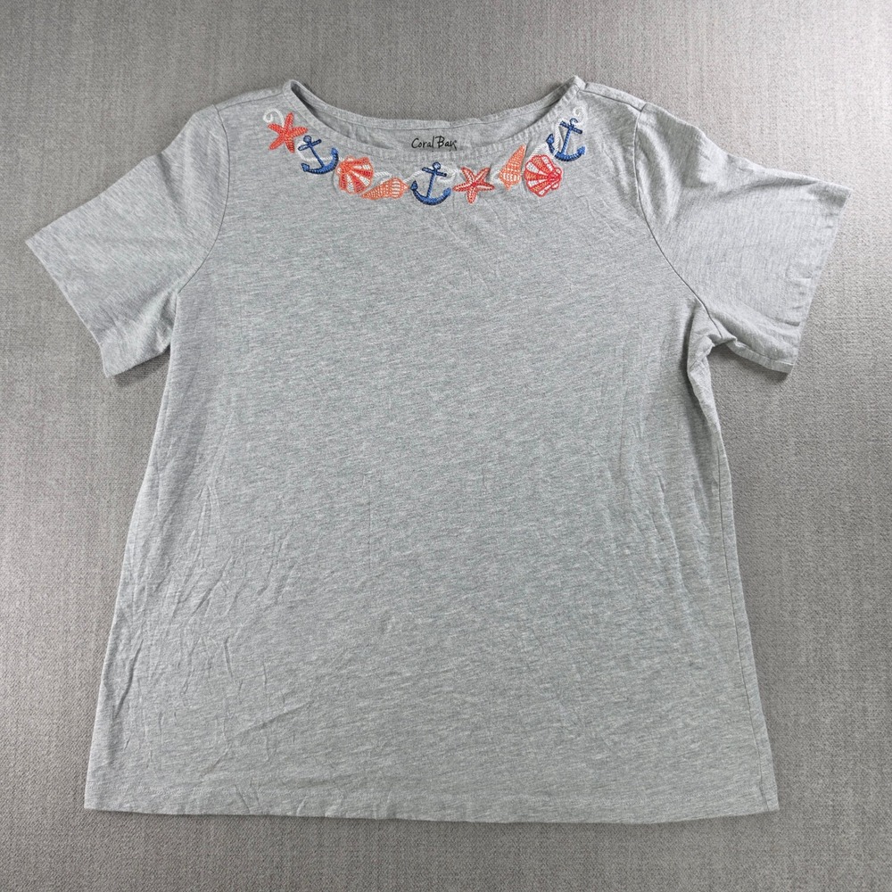 Coral Bay T-Shirt Women Large Gray‎ Nautical Embroidered Anchor Starfish Shells